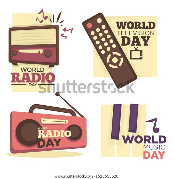 World radio, music and television day logo set.\
Vintage FM receiver, retro tuner, super bass speaker, piano keys,\
musical note. TV remote control for channel switch. Media,\
entertainment vector.
