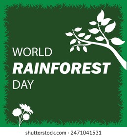 World Rainforest Day. 22 June. Dark green background with white flowers and leaves on stem. Poster, banner, Illustrator