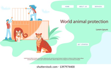 World rare animal protection landing page website template. Volunteers release tigers to the jungle. Flat Art Vector illustration