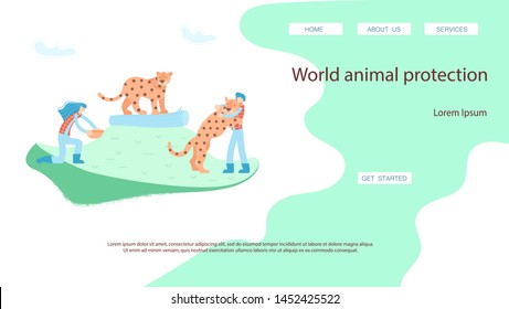 World rare animal protection landing page website template. Rescuers volunteers fed wild leopards. Flat Art Vector illustration