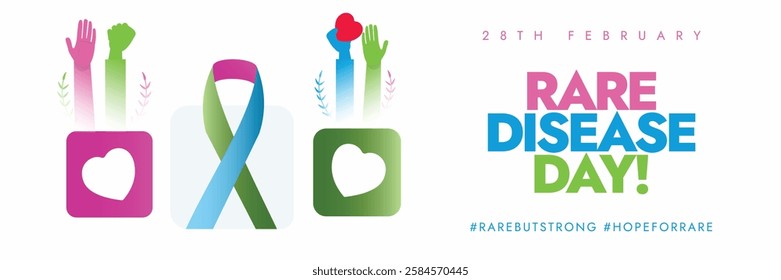 World Rare Disease Day. 28 February Rare disease day horizontal banner shows ribbons in vibrant colours with raised hands and hearts. Vector illustration for Rare disease awareness.