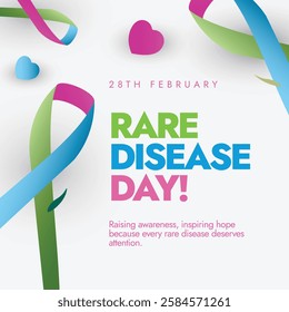 World Rare Disease Day 28 February 2025. Rare disease day poster in solid white background with awareness ribbons describes the purpose of raising awareness and inspiring hope. Vector Illustration.