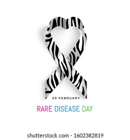 World Rare Disease Day poster. Photorealistic ribbon with zebra pattern on white background. Vector illustration. 29 February Rare Disease day.