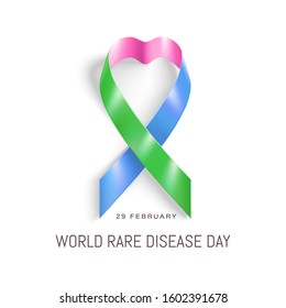 World Rare Disease Day poster. Photorealistic pink, blue, green colours ribbon on white background. Vector illustration. 29 February Rare Disease day.