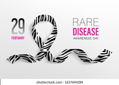 World Rare Disease Day poster. Photorealistic ribbon with zebra pattern on white background. Vector illustration. 29 February Rare Disease day.