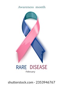 World Rare Disease Day poster. Photorealistic pink, blue, green colours ribbon on white background. Vector illustration. 29 February Rare Disease day.