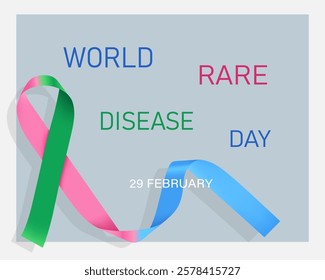 World Rare Disease Day poster. Photorealistic pink, blue, green colours ribbon on white background. Vector illustration. 29 February Rare Disease day.