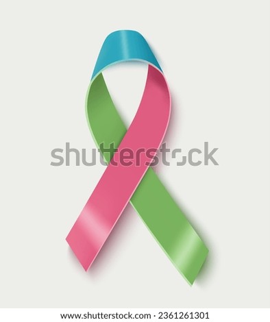 World Rare Disease Day poster. Photorealistic pink, blue, green colours ribbon on white background. Vector illustration. 29 February Rare Disease day.