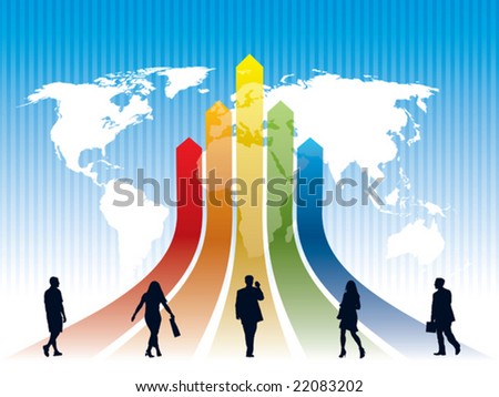 World rat race on a rainbow, a map in the background, conceptual business illustration. The base map is from Central Intelligence Agency Web site.