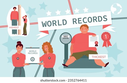 World records flat composition with collage of flat human characters holding placards with pictograms of stars vector illustration