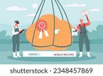 World records flat composition with doodle human characters holding air balloon with weight and experimental record vector illustration