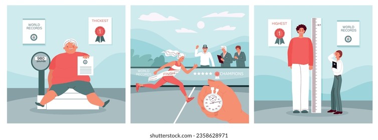 Registros mundiales conjuntos de tres composiciones cuadradas con personajes humanos de gordo y de mujer en funciones ilustración vectorial
