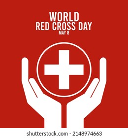 World red cross day design background. May 8. Hand holding red cross sign on red background. Poster or banner.