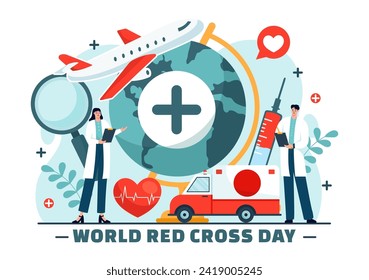 Ilustración de vectores del Día Mundial de la Cruz Roja el 8 de mayo para donación de sangre en atención médica Diseño de fondo de caricatura plana
