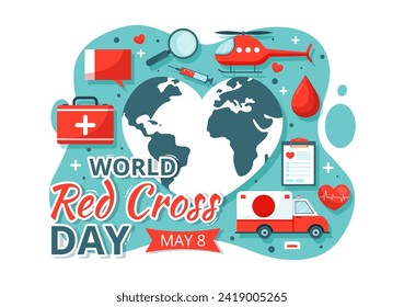 Ilustración de vectores del Día Mundial de la Cruz Roja el 8 de mayo para donación de sangre en atención médica Diseño de fondo de caricatura plana