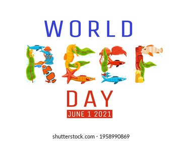 World reef day. Marine life problems. Coral reef dying. Underwater world ecological crisis. Corals bleaching. Ocean warming. Graphic design in a flat cartoon style. Vector illustration