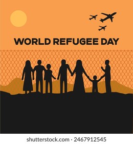 World Refugee Day. 20 June world refugee day social media post and gift card design. Editable EPS file with people, land and mountain silhouettes.