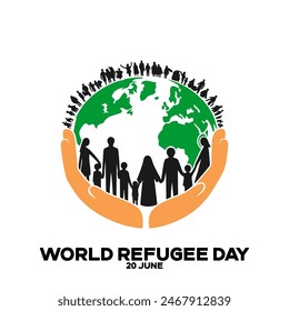 Día Mundial de los Refugiados. 20 de junio Día Mundial de los Refugiados publicación en redes sociales y diseño de Tarjeta de regalo. Archivo EPS editable con concepto de siluetas de tierra, manos y refugiados.