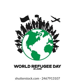 World Refugee Day. 20 June world refugee day social media post and gift card design. Editable EPS file with earth, people and plane silhouettes concept.