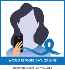World Refugee Day, 20 June. Refugee Vector, Poster, Card. Woman with Mobile in Hand Sign, Symbol.