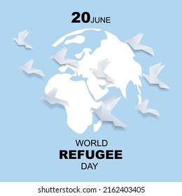 World Refugee Day Background With Flying Origami Bird. Flat Style Vector Illustration. Concept Of Migrant For Web, Banner, Background, Wallpaper, Poster Or Card Design.