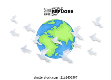 World refugee day background with flying origami bird. Flat style vector illustration. Concept of migrant for web, banner, background, wallpaper, poster or card design.