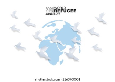World refugee day background with flying origami bird. Flat style vector illustration. Concept of migrant for web, banner, background, wallpaper, poster or card design.