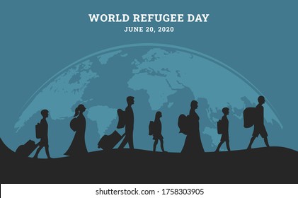 World Refugee Day Background With People As Refugee Walking Seek Home In Black Silhouette. Flat Style Vector Illustration Concept Of Migrant Awareness Campaign For Banner And Poster.