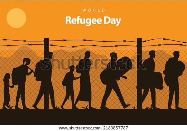 World refugee day background with people as\
refugee walking seek silhouette. Flat style vector illustration\
concept of migrant awareness. Due to war, climate change, and\
global political\
issues.Vector