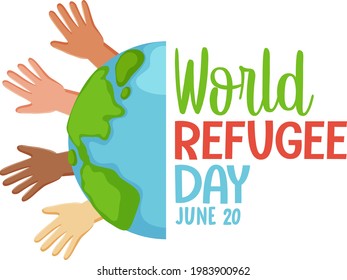 World Refugee Day banner with different skin colours hands up  illustration