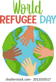 World Refugee Day banner with different hands on globe isolated illustration