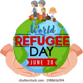 World Refugee Day banner with hands holding globe illustration