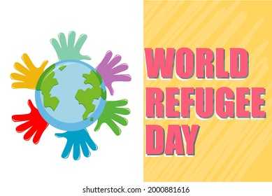 World Refugee Day banner with many hands around globe illustration