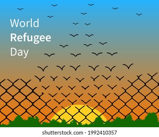 World Refugee Day . Barbed Wire Fence To Bird Transformation Creative Concept . Vector  Illustration Art As A Poster Banner Template .