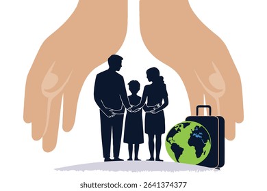 World Refugee Day Concept – Hands Protecting a Family with Globe and Suitcase, Minimal Flat Vector
