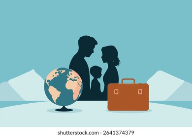 World Refugee Day Concept – Hands Protecting a Family with Globe and Suitcase, Minimal Flat Vector