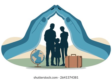 World Refugee Day Concept – Hands Protecting a Family with Globe and Suitcase, Minimal Flat Vector