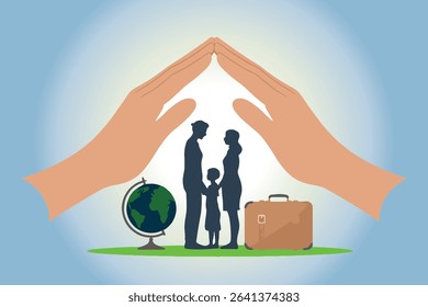 World Refugee Day Concept – Hands Protecting a Family with Globe and Suitcase, Minimal Flat Vector