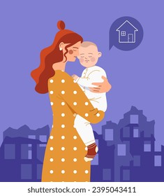 World refugee day concept. International holiday of awarenesss. Mother with child at hands at background of home silhouettes. Homeless sad family. Cartoon flat vector illustration