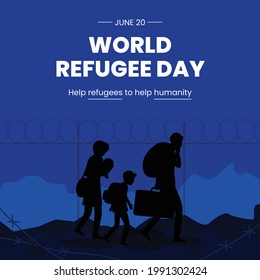 World Refugee Day. Concept of social event. 20 June. International immigration concept background. A refugee family trying to immigrate to save place. Vector Illustration.