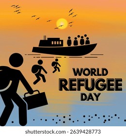 World Refugee Day, gradient background with silhouette concept of some refugees walking about to board a boat. Design for banner, poster or print. Vector illustration about humanity and care
