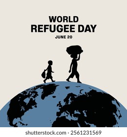 World Refugee Day greetings featuring silhouettes of people and a globe. Ideal for awareness campaigns, humanitarian event promotions, and social responsibility initiatives.