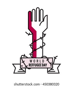  World Refugee Day. Hand with barbed wire. flat line design. vector illustration
