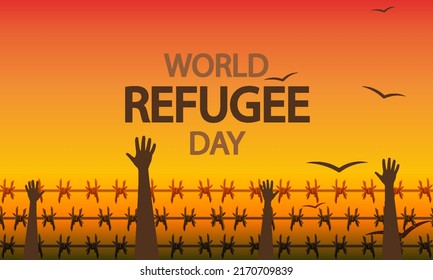 World Refugee Day hands and barbed wire, vector art illustration.