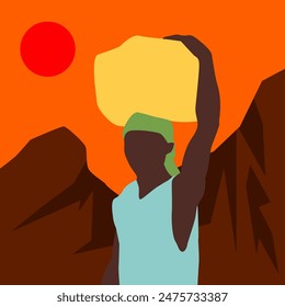 World Refugee Day illustration of an African child carrying a lot of things on his head in the hot desert. they were affected by the war