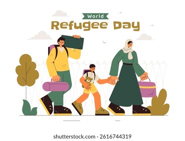 World Refugee Day Illustration featuring an Immigrant Family with Their Children in Search of a New Home, with Barbed Wire Fences and a Helping Hand