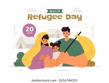 World Refugee Day Illustration featuring an Immigrant Family with Their Children in Search of a New Home, with Barbed Wire Fences and a Helping Hand