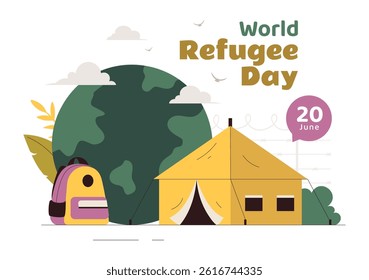 World Refugee Day Illustration featuring an Immigrant Family with Their Children in Search of a New Home, with Barbed Wire Fences and a Helping Hand