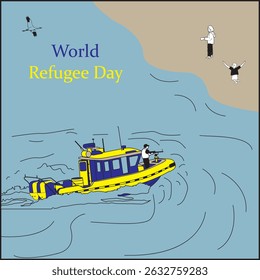 World Refugee Day Illustration - Rescue Boat Approaching Shore with People Waiting - Powered by Shutterstock - Get 15% off with code: PIKWIZARD15