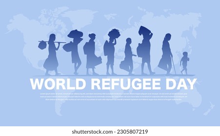 World refugee day. International holiday and festival 20 June. Silhouettes of men and women with bags. Immigrants and relocants. People walking seek home. Cartoon flat vector illustration